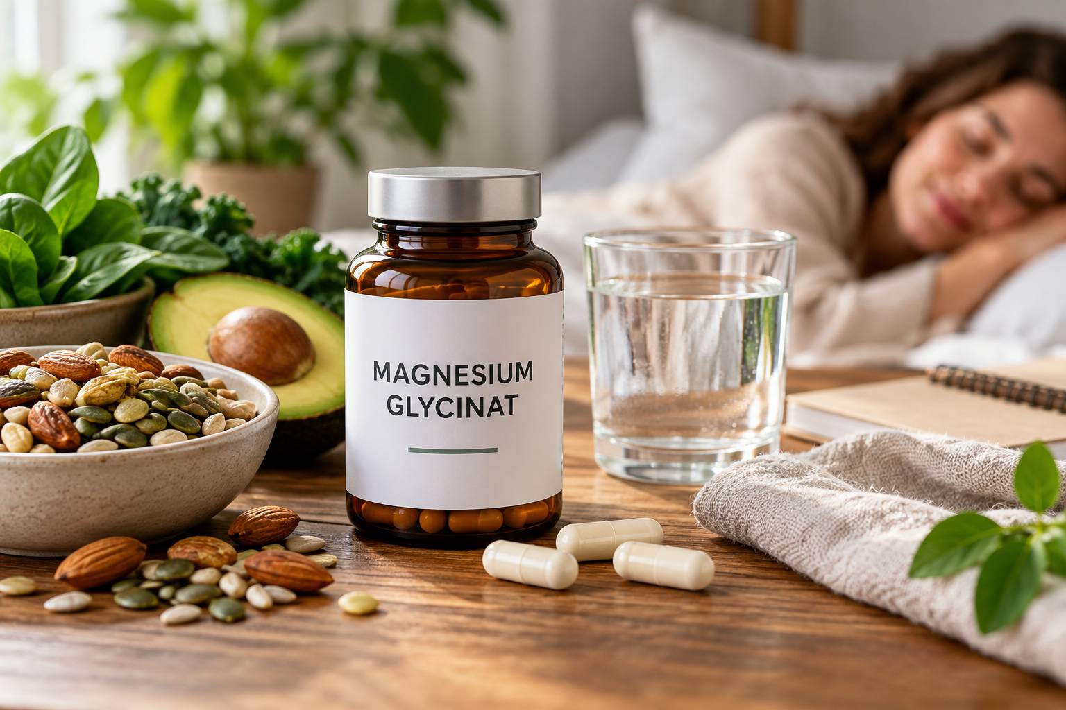 Magnesium glycinat med kapslar, vatten och magnesiumrika livsmedel som nötter, frön och gröna grönsaker.